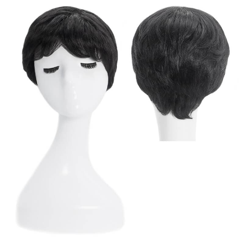 Short Pixie Human Hair Wigs With Bangs Free Parted Glueless Natural Black