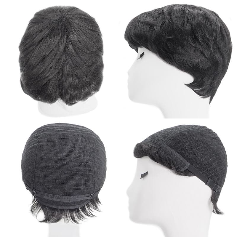 Short Pixie Human Hair Wigs With Bangs Free Parted Glueless Natural Black