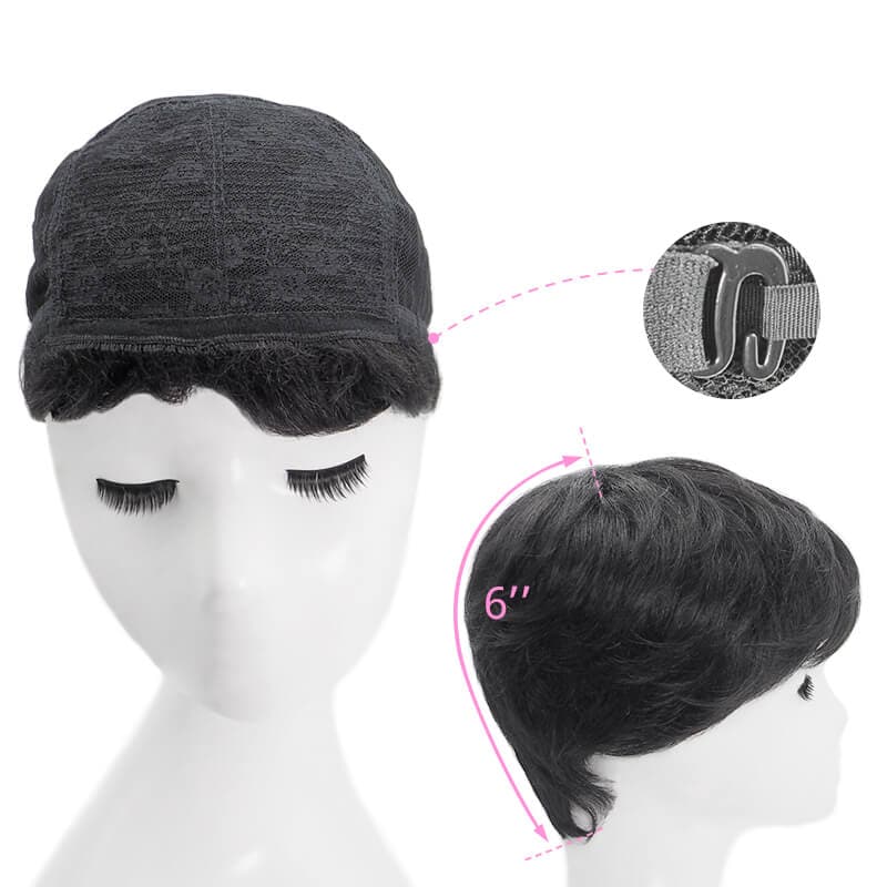 Short Pixie Human Hair Wigs With Bangs Free Parted Glueless Natural Black