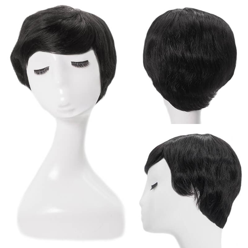 Short Pixie Cut Human Hair Wigs With Bangs Glueless Natural Black