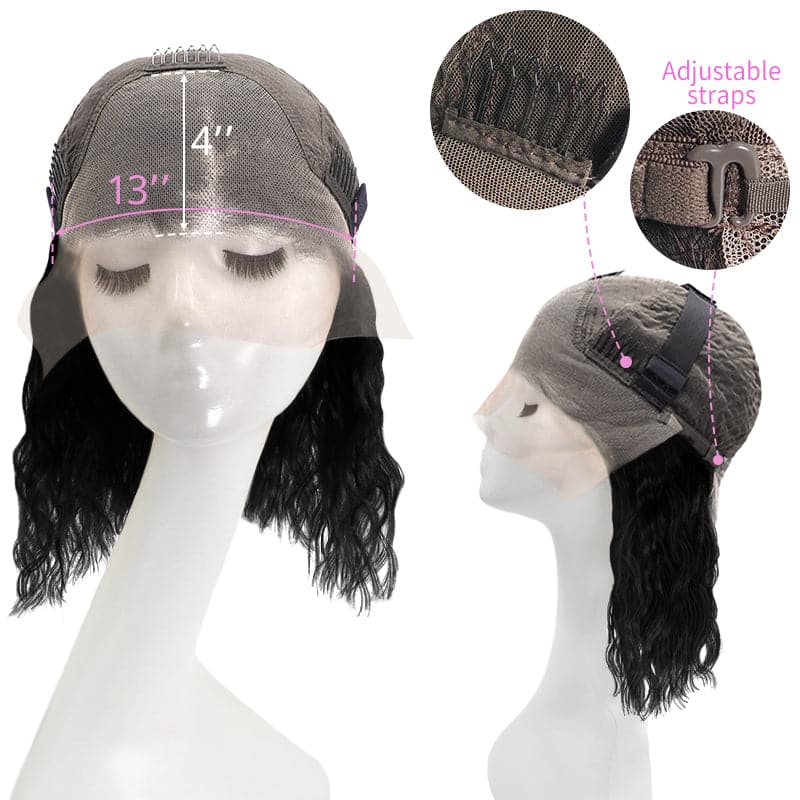 Lace Front 13x4 Human Hair Wigs Bob Wavy Natural Black Middle Parted E-LITCHI Hair