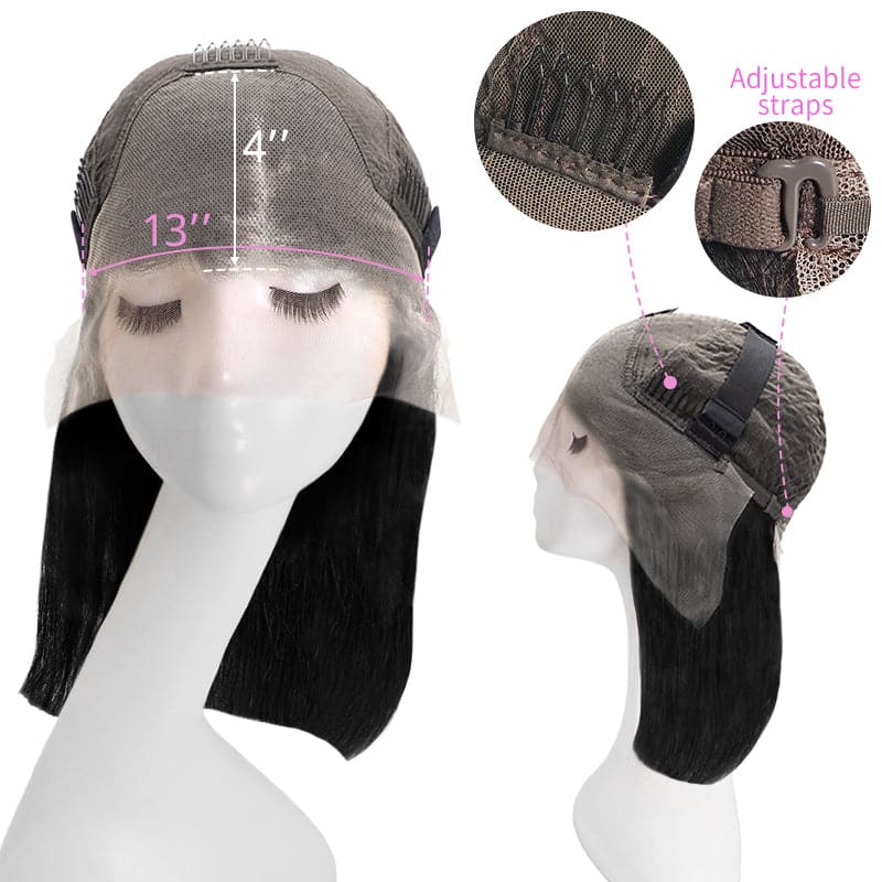 Lace Front 13x4 Human Hair Wigs Bob Straight Natural Black Middle Parted E-LITCHI Hair