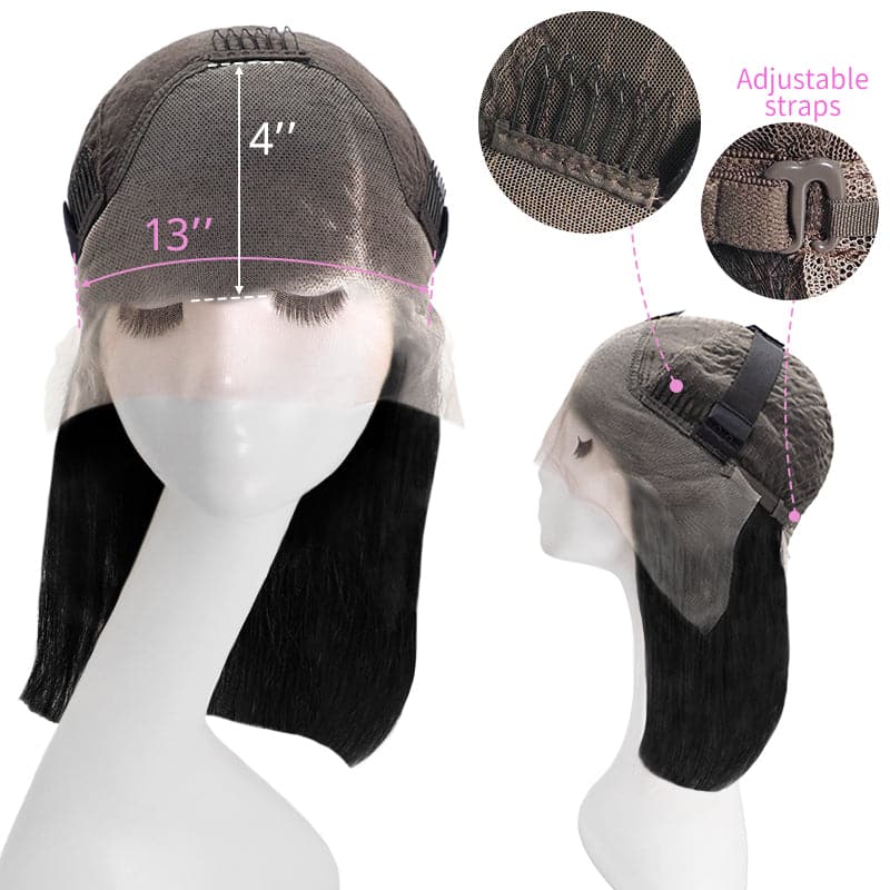Lace Front 13x4 Human Hair Wigs Bob Straight Natural Black Side Parted E-LITCHI Hair