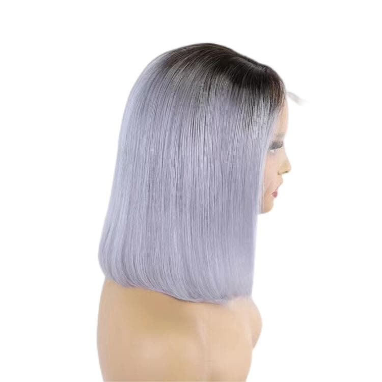 Short Bob Wigs Human Hair 13X4 Lace Front Glueless Straight Black Ombre Grey E-LITCHI Hair