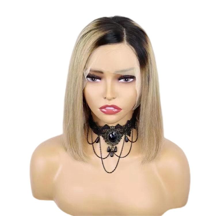 Short Bob Wigs Human Hair 13X4 Lace Front Glueless Straight Black Ombre Ash Blonde E-LITCHI Hair