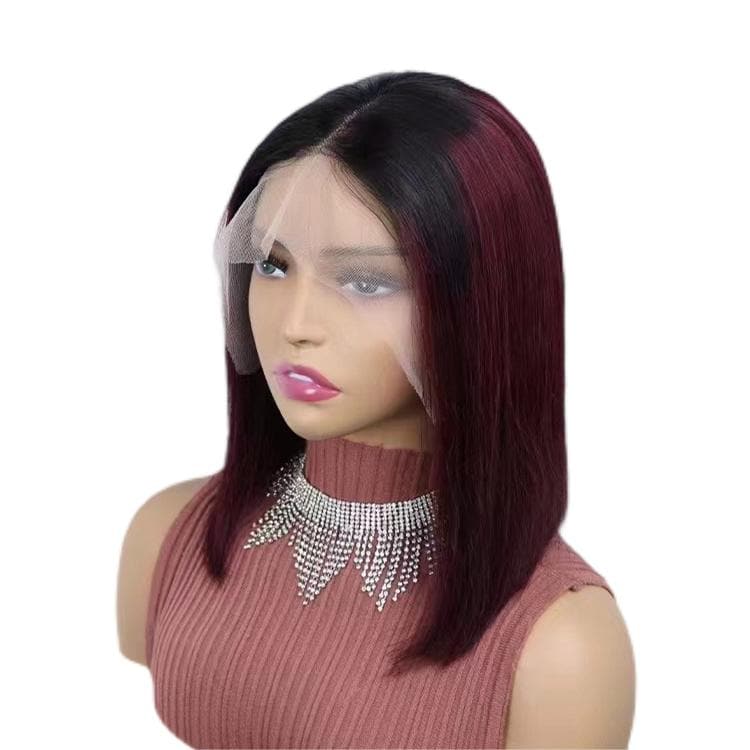 Short Bob Wigs Human Hair 13X4 Lace Front Glueless Straight Black Ombre Burgundy E-LITCHI Hair