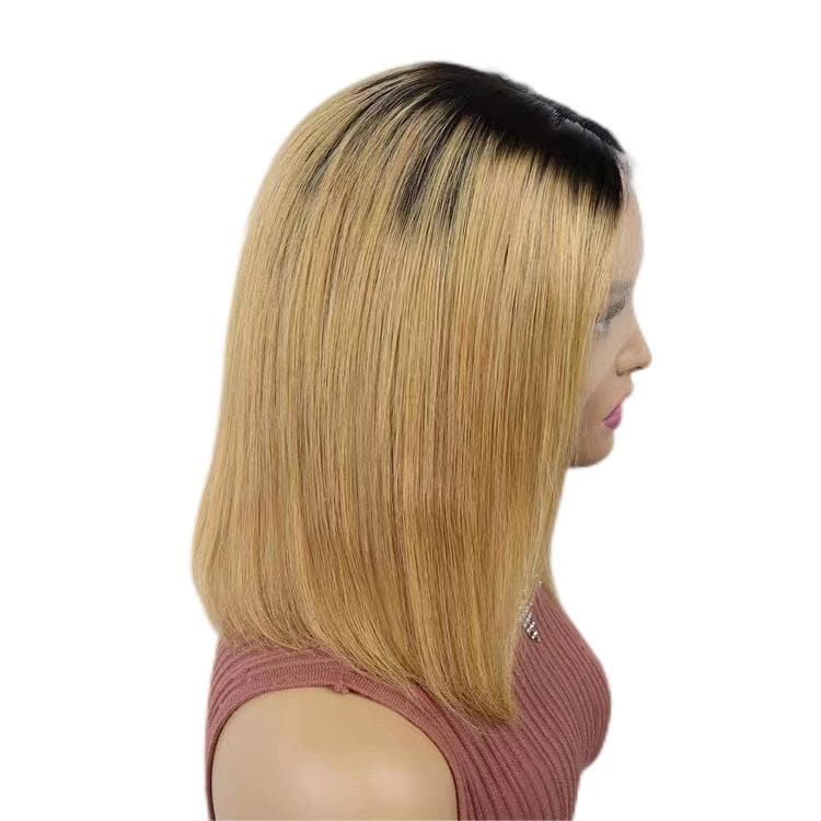 Short Bob Wigs Human Hair 13X4 Lace Front Glueless Straight Black Ombre Strawberry Blonde E-LITCHI Hair