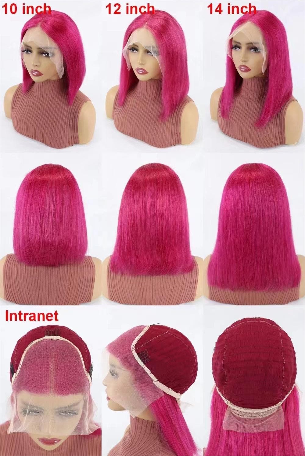 Short Bob Wigs Human Hair 13x4 Lace Front Straight Middle Parted Hairstyles Rose Red E-LITCHI Hair