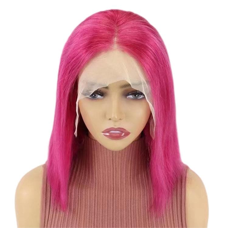 Short Bob Wigs Human Hair 13x4 Lace Front Straight Middle Parted Hairstyles Rose Red E-LITCHI Hair