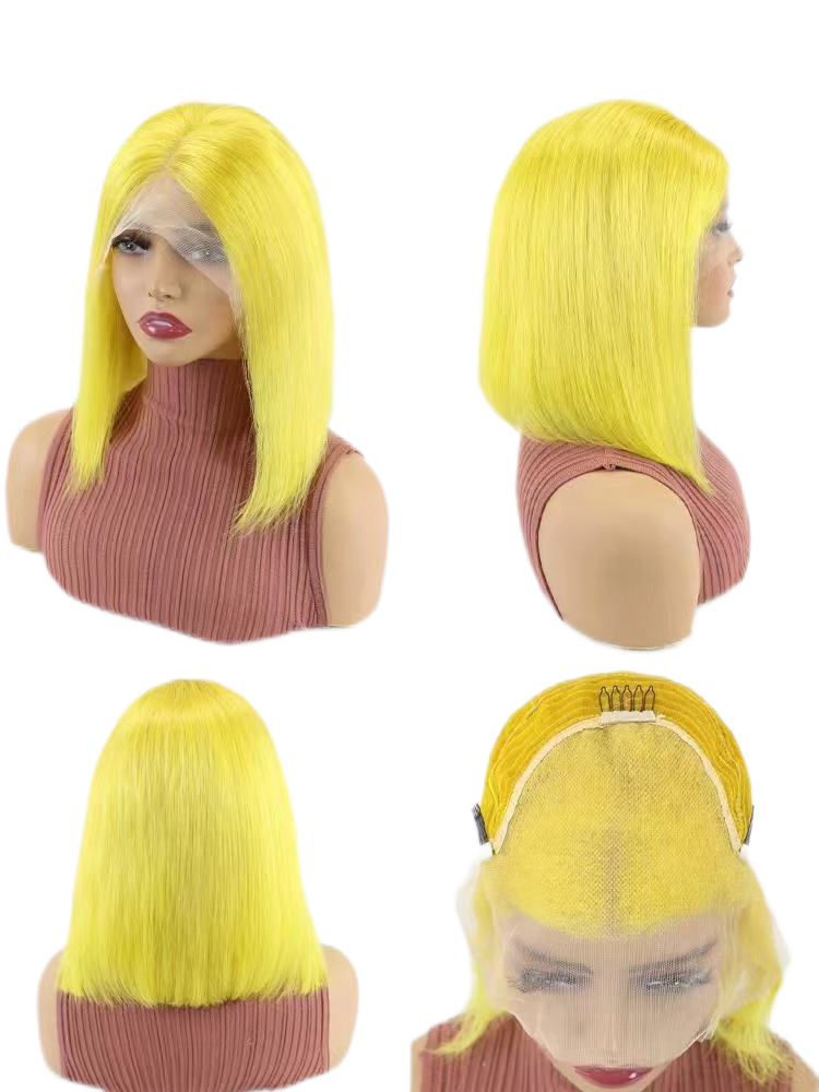Short Bob Wigs Human Hair 13x4 Lace Front Straight Middle Parted Hairstyles Yellow E-LITCHI Hair