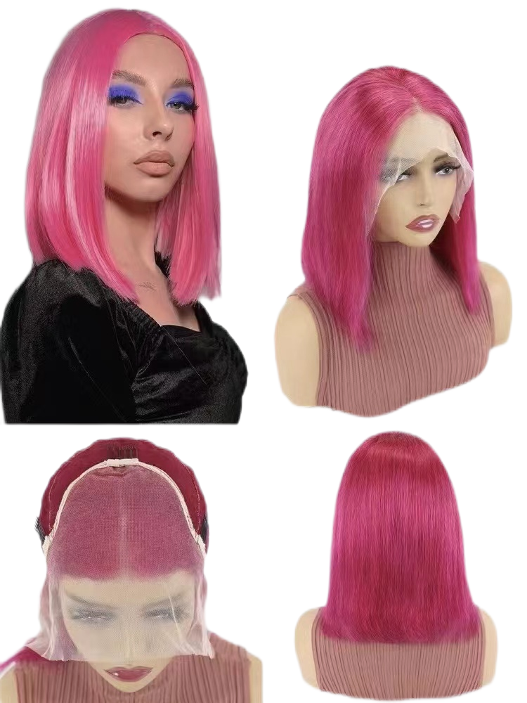 Short Bob Wigs Human Hair 13x4 Lace Front Straight Middle Parted Hairstyles Rose Red E-LITCHI Hair