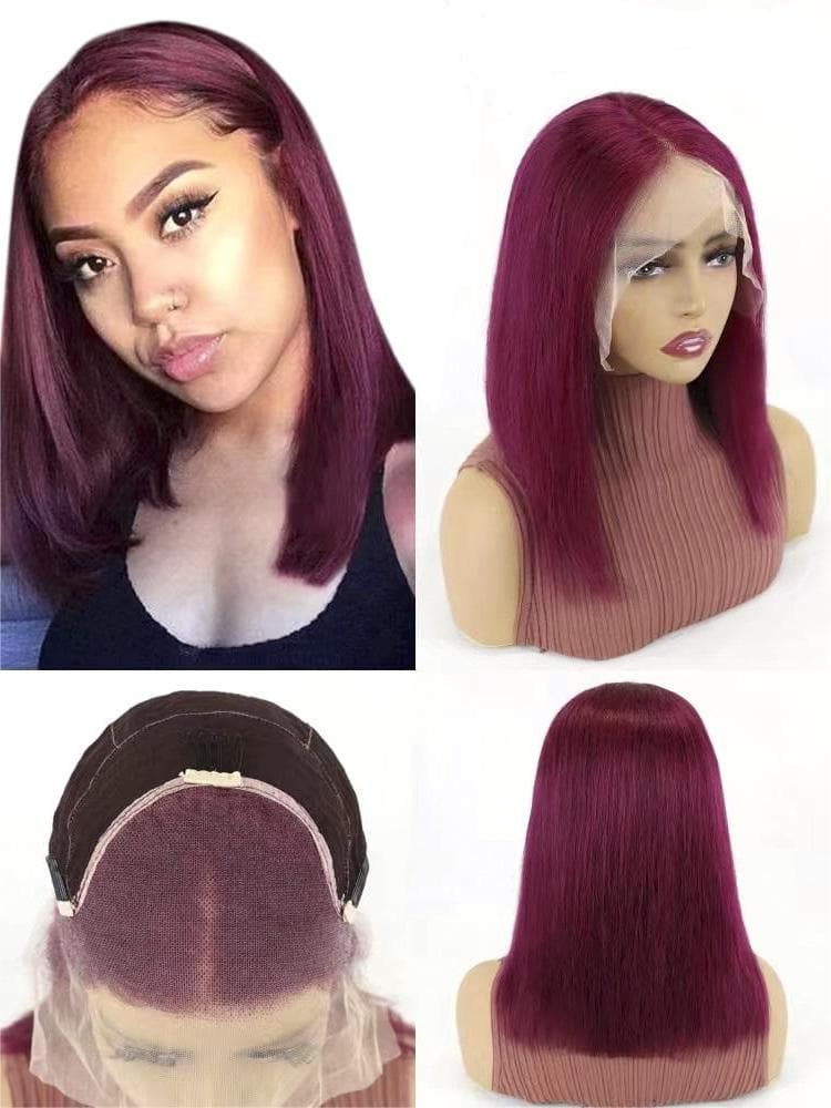 Short Bob Wigs Human Hair 13x4 Lace Front Straight Middle Parted Hairstyles Burgundy E-LITCHI Hair