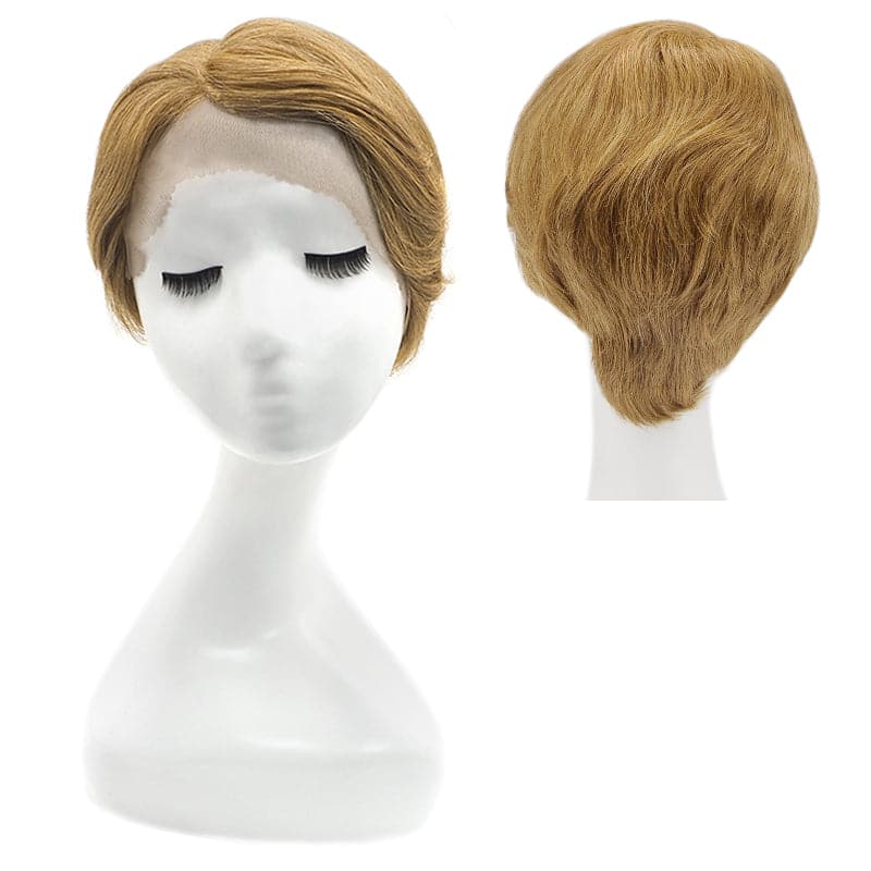 Human Hair Lace Front Side Parted Pixie Wig With Curls Dark Blonde