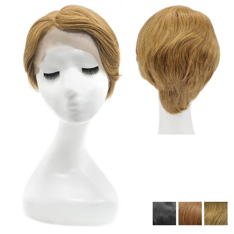 Perruque Pixie de cheveux humains avec raie sur le côté et boucles noires blondes auburn