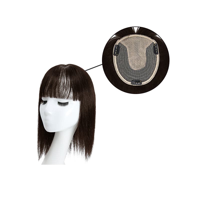 Human Hair Topper With Bangs For Thinning Hair Dark Brown 13*15cm Silk Base E-LITCHI
