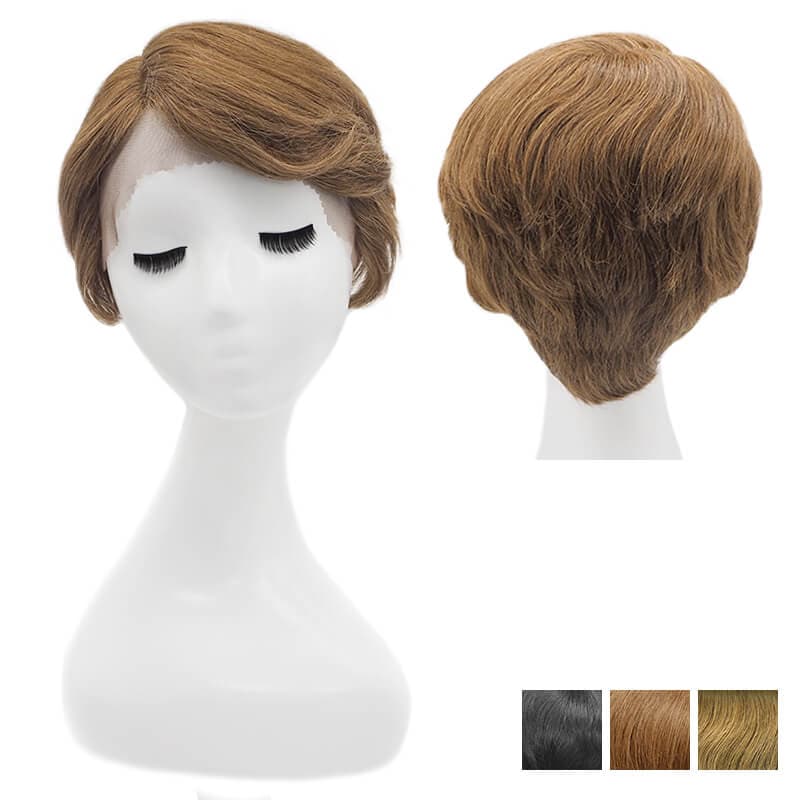 Perruque Pixie de cheveux humains avec raie sur le côté et boucles noires blondes auburn