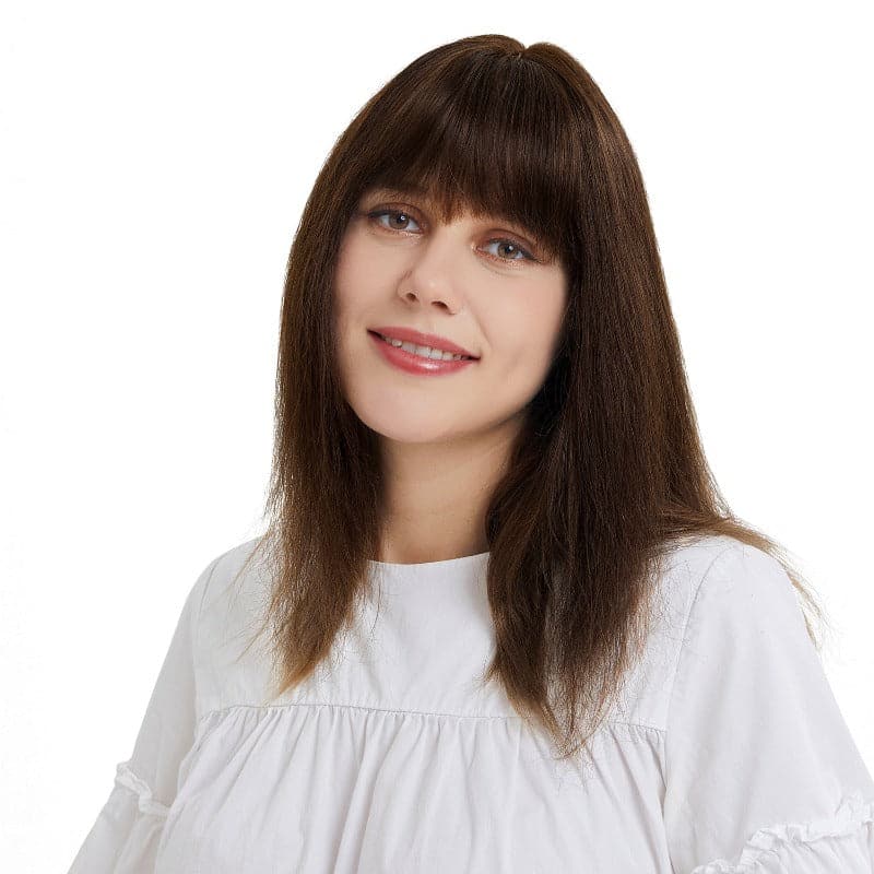 Human Hair Topper With Bangs For Thinning Hair Medium Brown 13*15cm Silk Base E-LITCHI