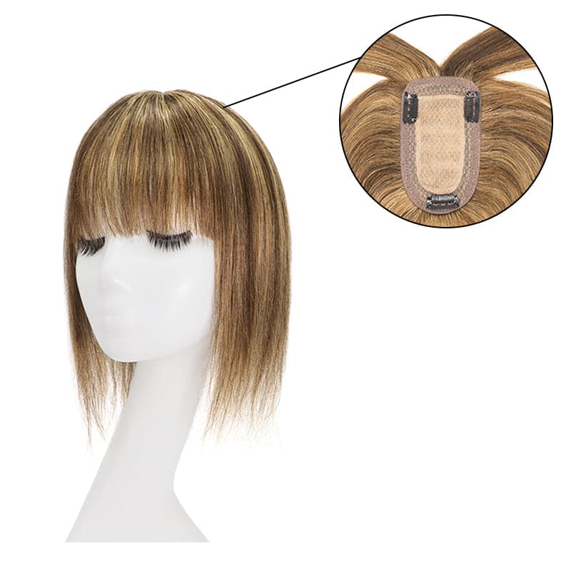 Caramel Highlights Human Hair Topper With Bangs For Women Thinning Crown 7*13cm Base E-LITCHI Hair