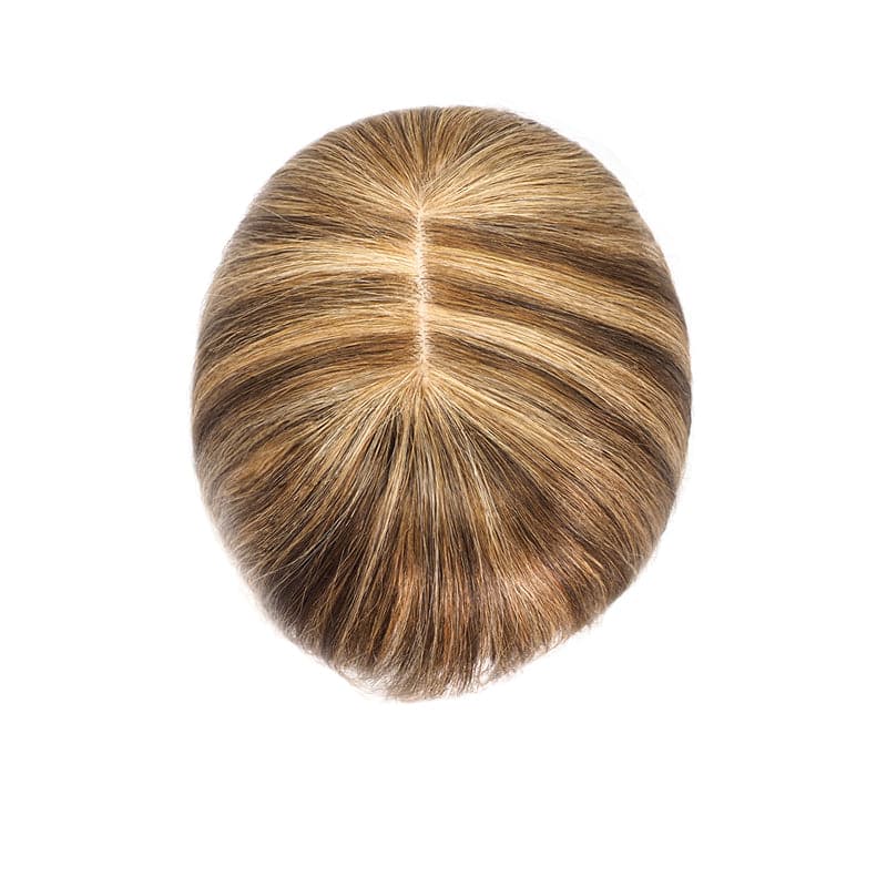Caramel Highlights Human Hair Topper With Bangs For Women Thinning Crown 7*13cm Base E-LITCHI Hair