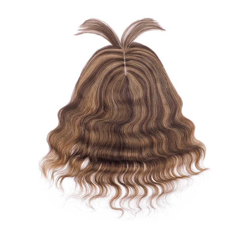 Wavy Human Hair Topper With Bangs Caramel Highlights 13*15cm Silk Base E-LITCHI