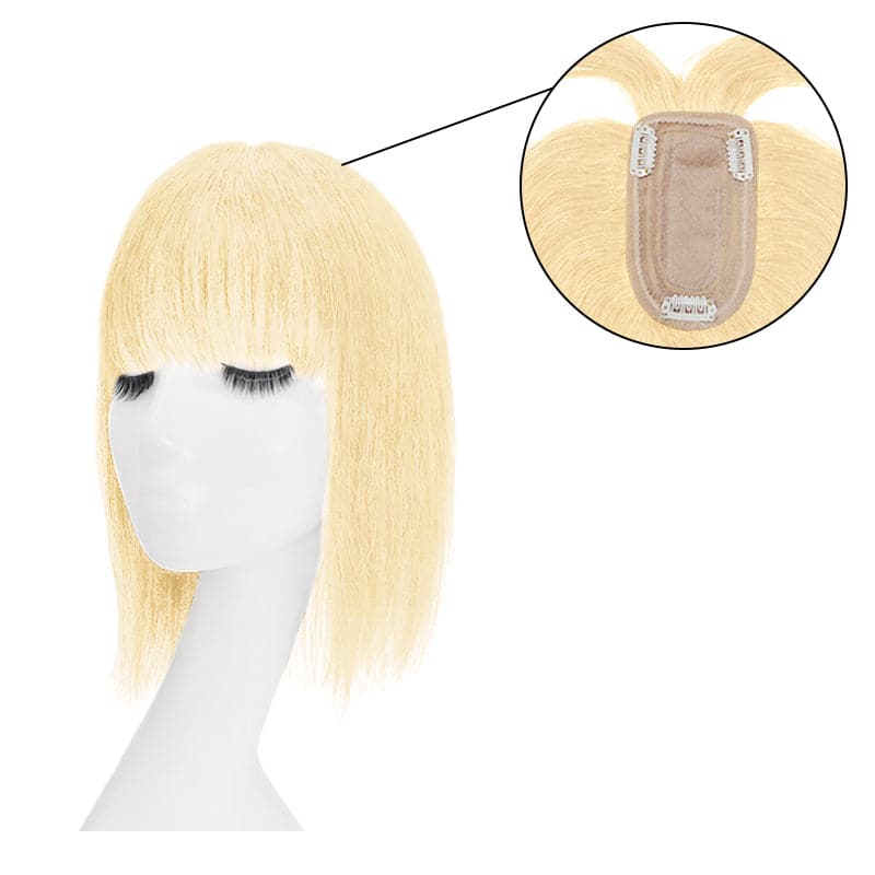 Bleach Blonde Human Hair Topper With Bangs For Women Thinning Crown 7*13cm Base E-LITCHI Hair