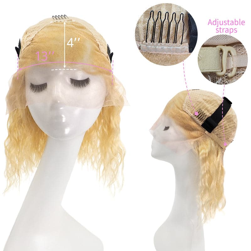 Lace Front 13x4 Human Hair Wigs Bob Wavy Bleach Blonde Side Parted E-LITCHI Hair