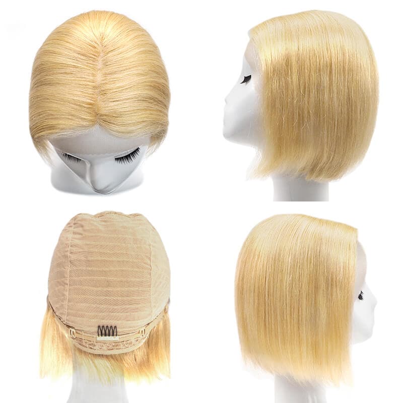 Human Hair Lace Front U Part Short Bob Wig Straight Bleach Blonde