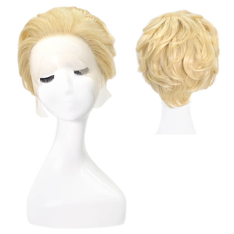 Short Pixie Cut Human Hair Wigs Lace Front Wavy Bob Wig Bleach Blonde