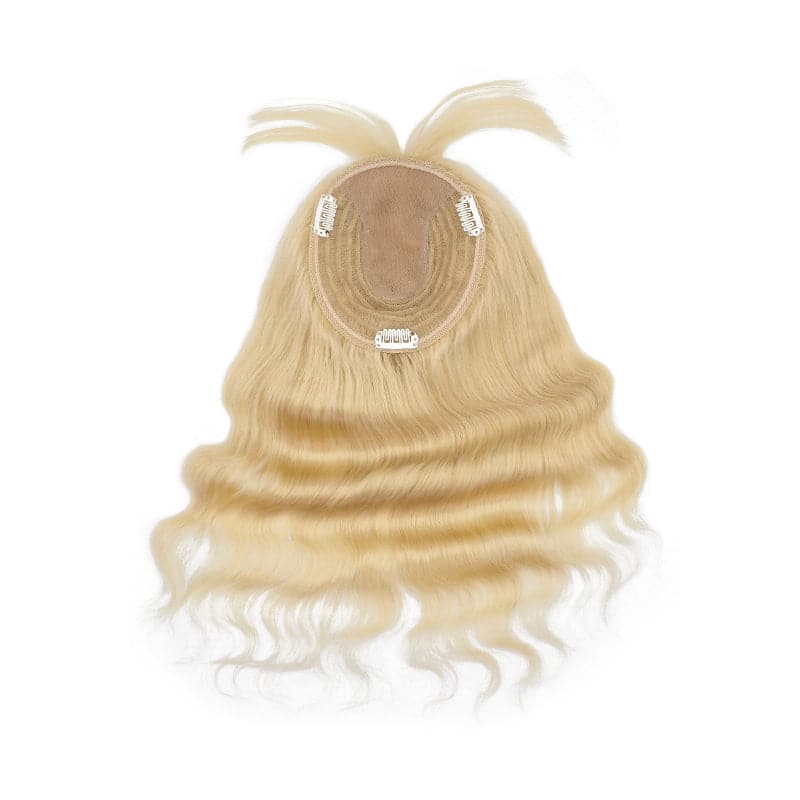 Wavy Human Hair Topper With Bangs For Thinning Hair Bleach Blonde 13*15cm Silk Base E-LITCHI