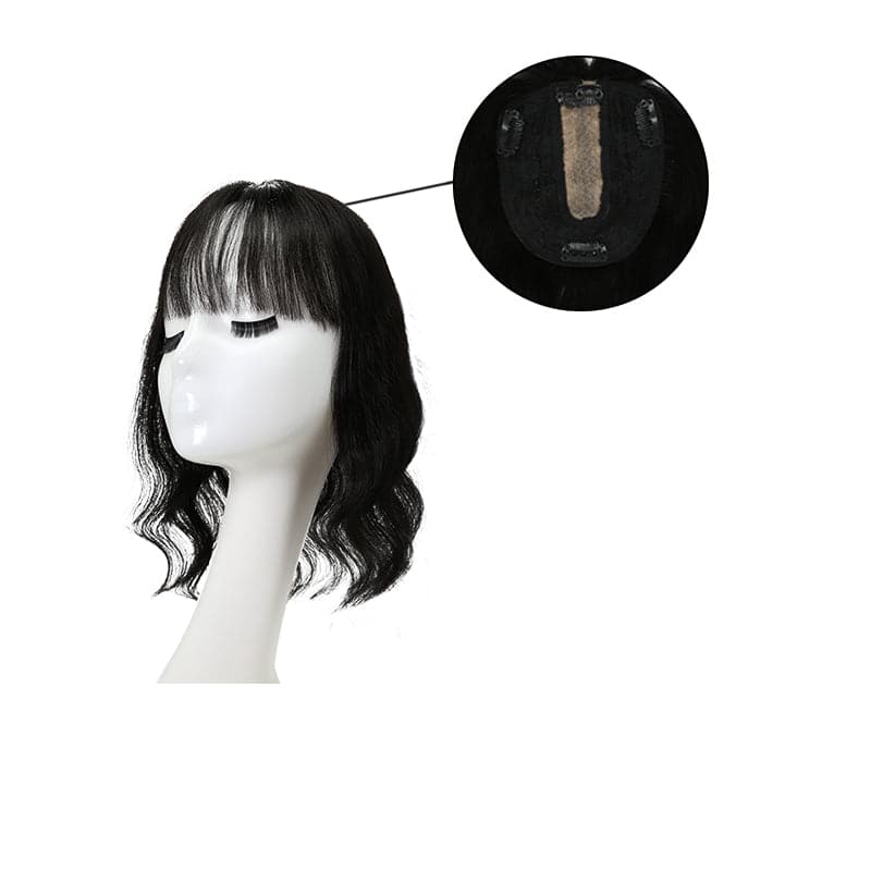 Susan ︳Wavy Human Hair Topper With Bangs For Thinning Crown 10*12cm Silk Base Jet Black E-LITCHI