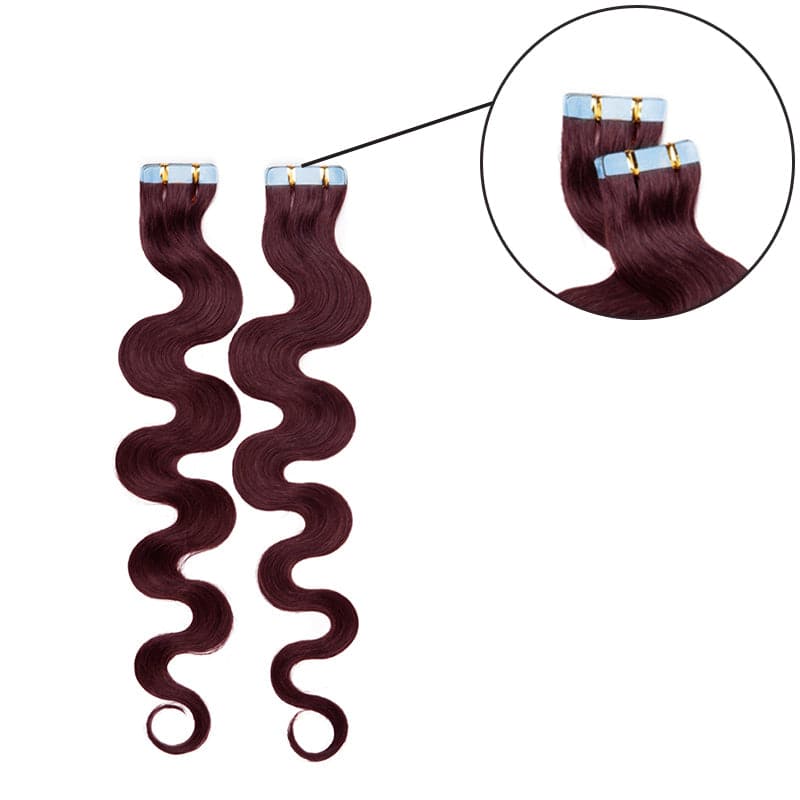 Seamless Tape Ins 20pcs Wine Red Wavy E-LITCHI