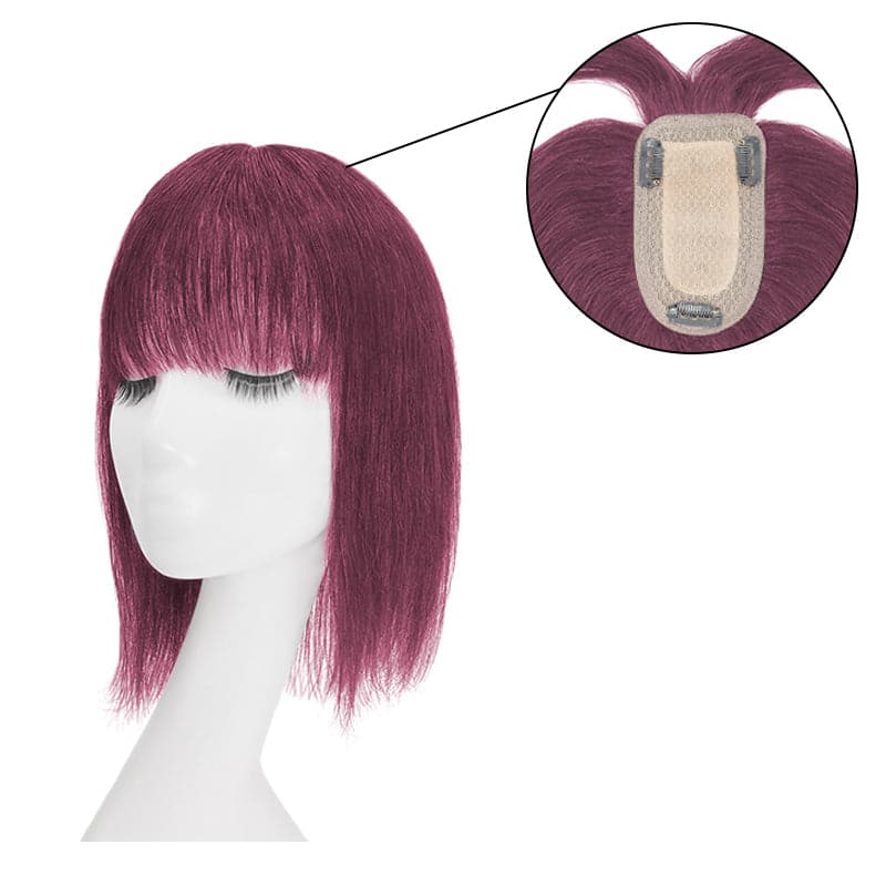 Wine Red Human Hair Topper With Bangs For Women Thinning Crown 7*13cm Base E-LITCHI Hair