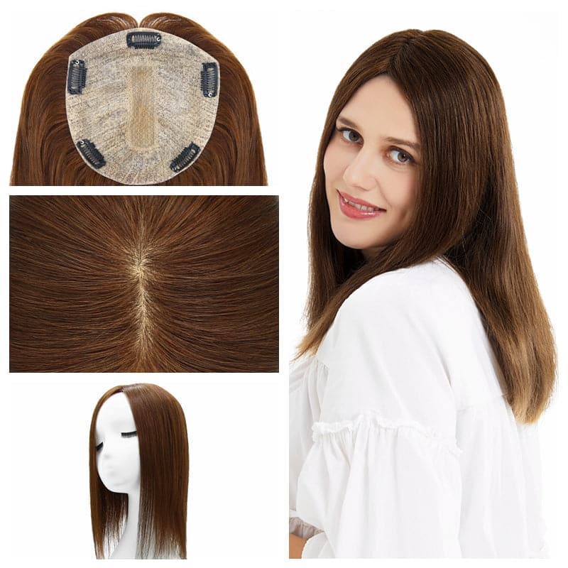 medium brown extra large silk base human hair topper for thinning hair