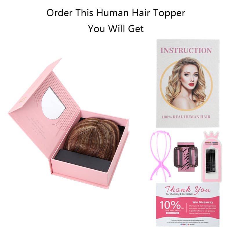 Human Hair Topper For Thinning Hair Caramel Highlights 13*15cm Silk Base E-LITCHI