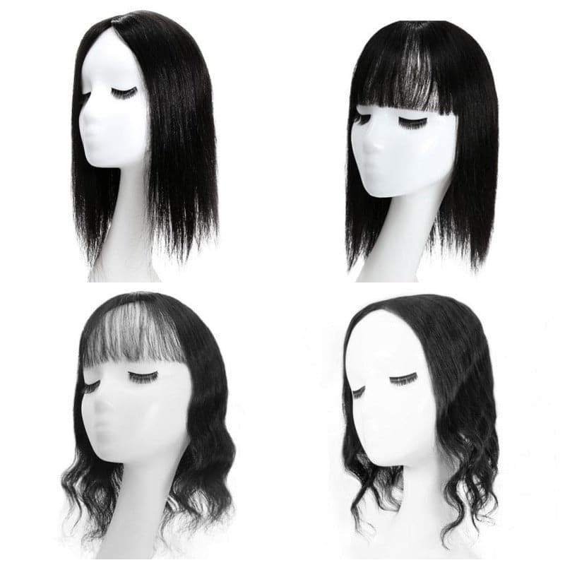 Black Human Hair Topper Silk Base For Women Thinning Crown E-LITCHI