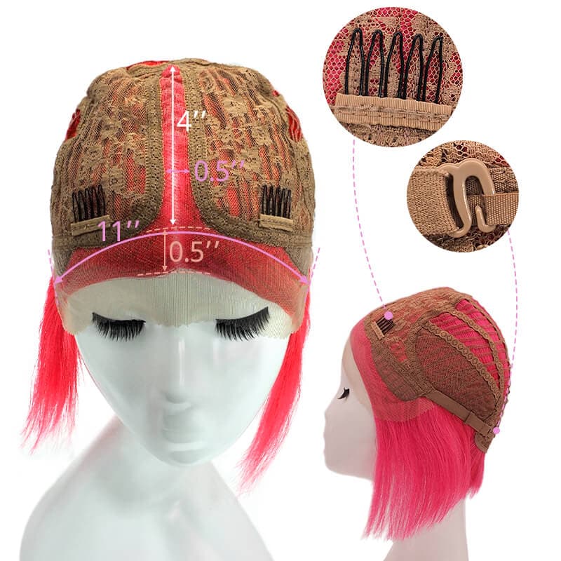 Perruque de cheveux humains Lace Front U Part courte Halloween Bob droite rose