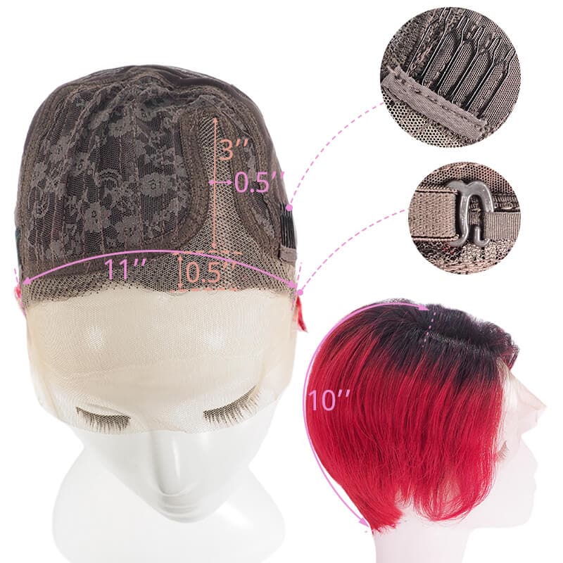 Cheveux humains courts coupe lutin dentelle avant côté séparé couches Bob perruque noir ombre bordeaux