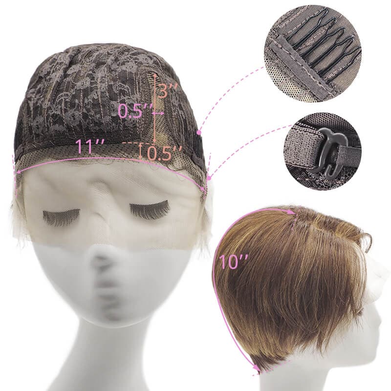 Human Hair Short Pixie Cut Lace Front Side Parted Layered Bob Wig Caramel Highlights