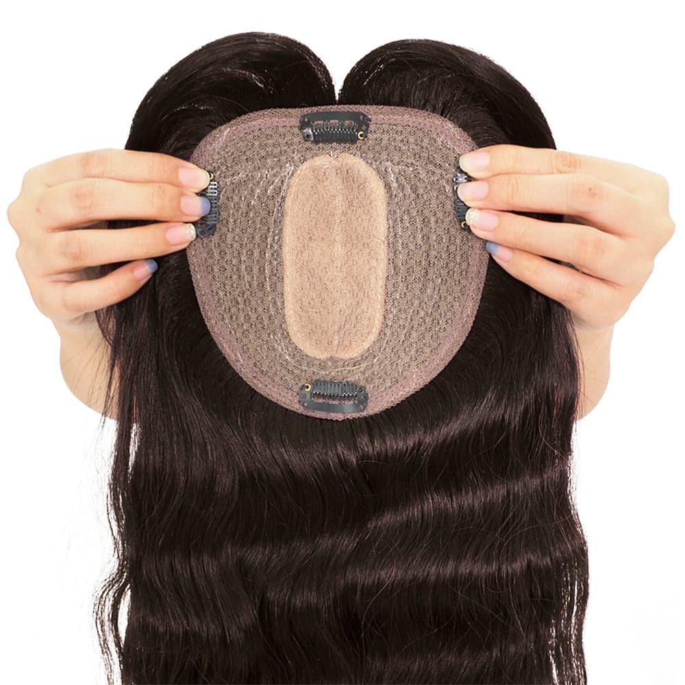 Dark Brown Human Hair Topper With Bangs For Women Hair Loss 13*13cm Silk Base E-LITCHI Hair