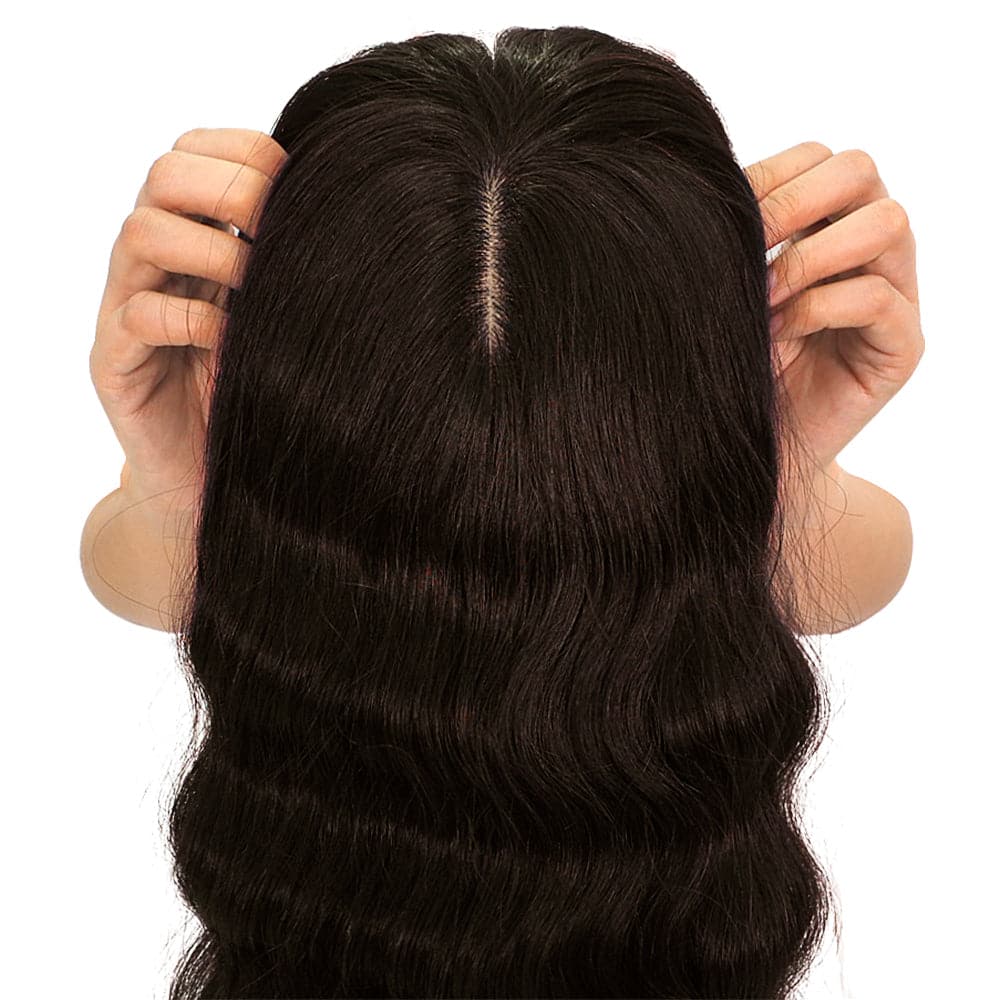 Dark Brown Human Hair Topper With Bangs For Women Hair Loss 13*13cm Silk Base E-LITCHI Hair