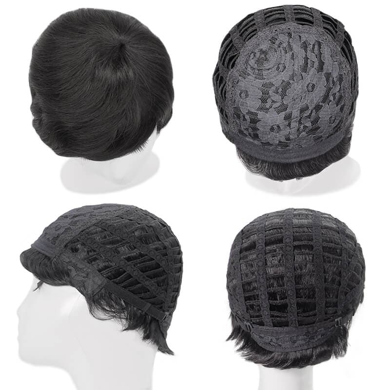 Short Pixie Cut Human Hair Wigs With Bangs Glueless Natural Black