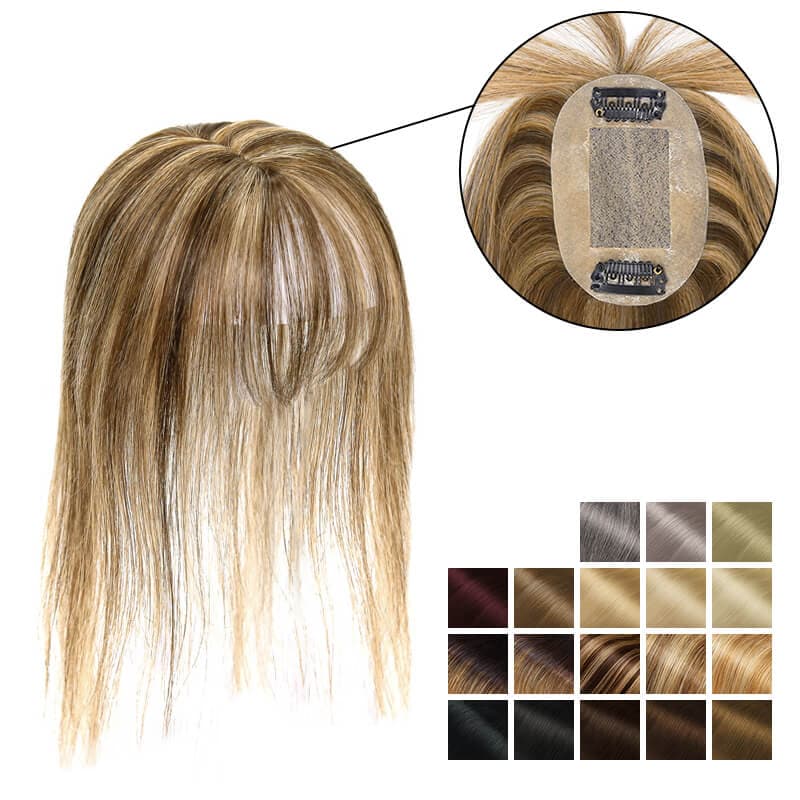 Daisy Human Hair Topper for Thinning Crown A Daisy human hair topper in a medium brown and dark blonde blend, perfect for thinning crowns