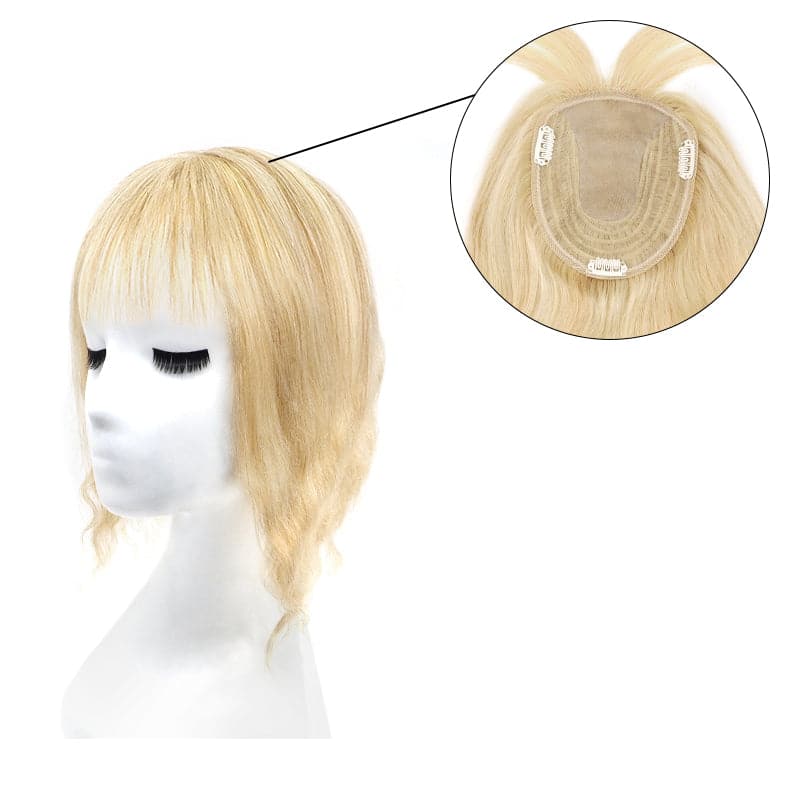 Wavy Human Hair Topper With Bangs Blonde Highlights 13*15cm Silk Base E-LITCHI