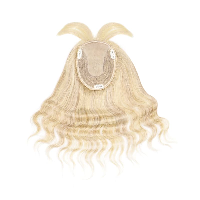 Wavy Human Hair Topper With Bangs Bronde Highlights 13*15cm Silk Base E-LITCHI