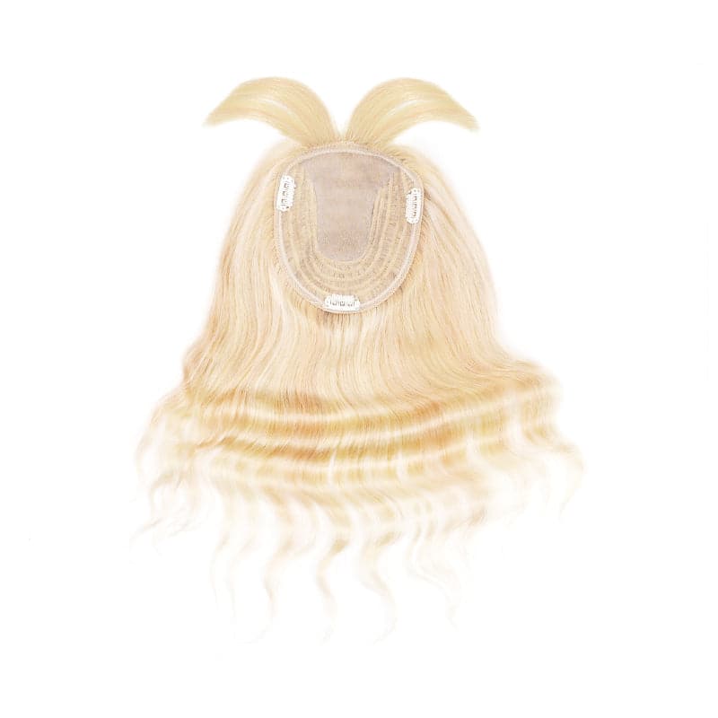 Wavy Human Hair Topper With Bangs Blonde Highlights 13*15cm Silk Base E-LITCHI