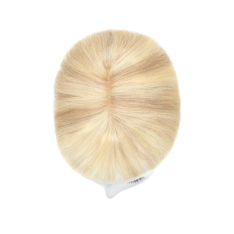 Wavy Human Hair Topper With Bangs Blonde Highlights 13*15cm Silk Base E-LITCHI