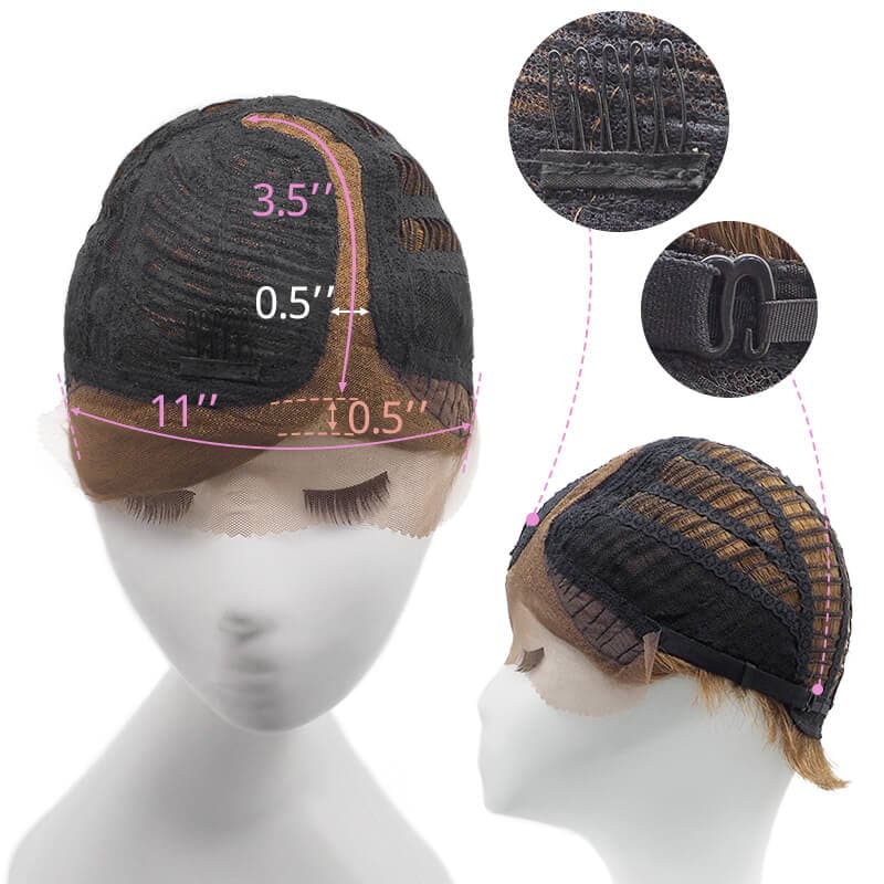 Perruque Pixie de cheveux humains avec raie sur le côté et boucles noires blondes auburn