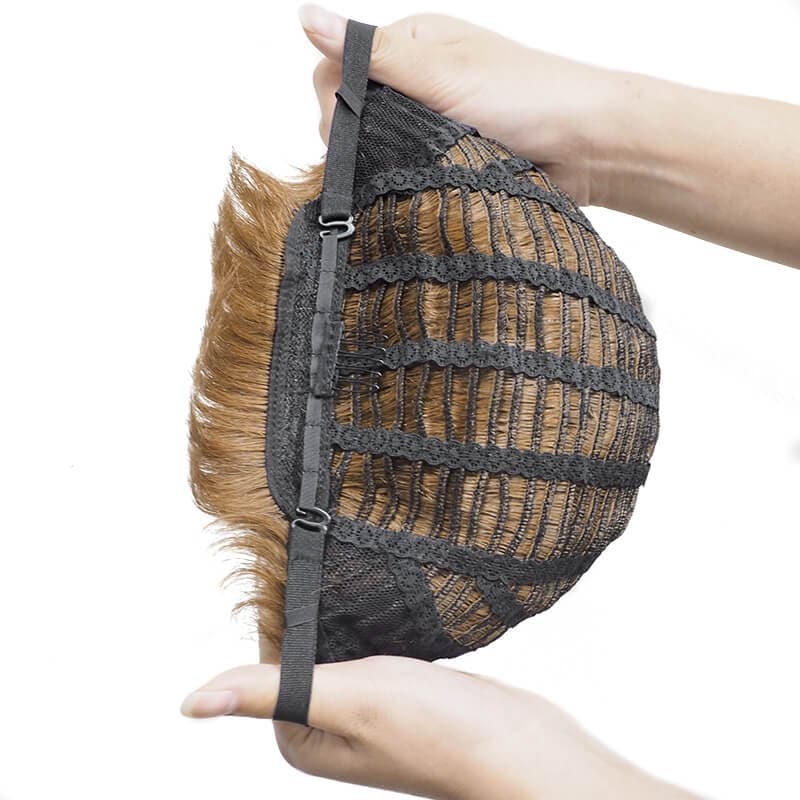 Perruque Pixie de cheveux humains avec raie sur le côté et boucles noires blondes auburn