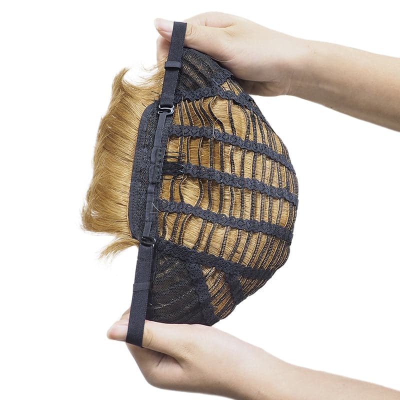 Echthaar-Pixie-Perücke mit Spitze vorne und seitlichem Scheitel, dunkelblond