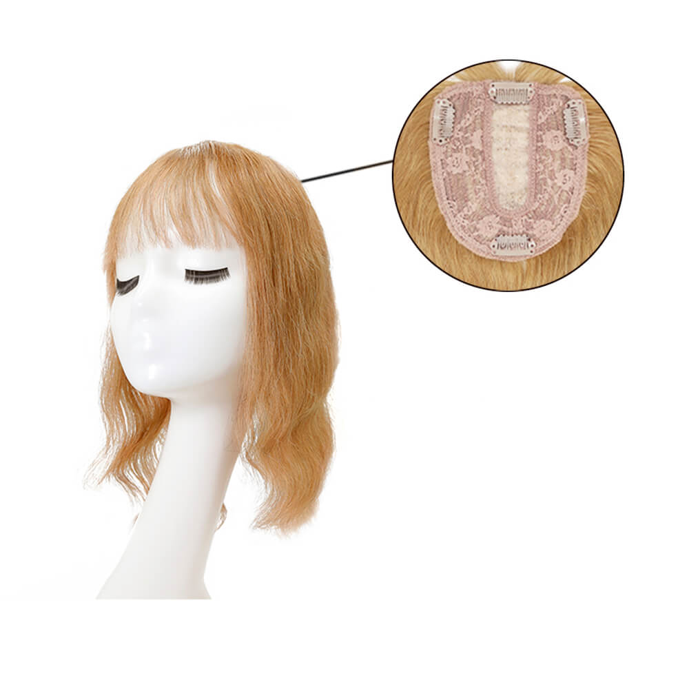 Susan – cheveux humains ondulés avec frange pour couronne amincissante, Base en soie, blond foncé, 10x12cm